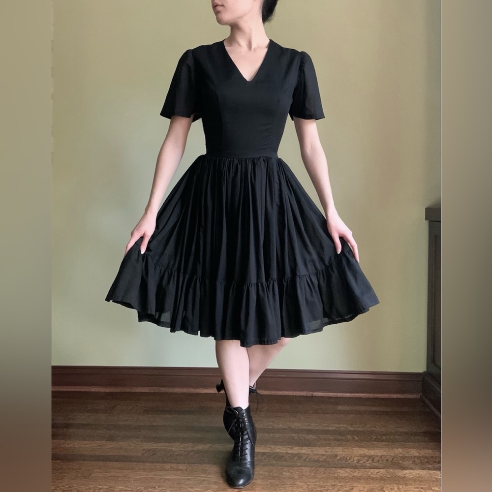 Handmade Cotton Swing Dress, Black Ruffled Fit and Flare Cottagecore Dress - Picture 1 of 10